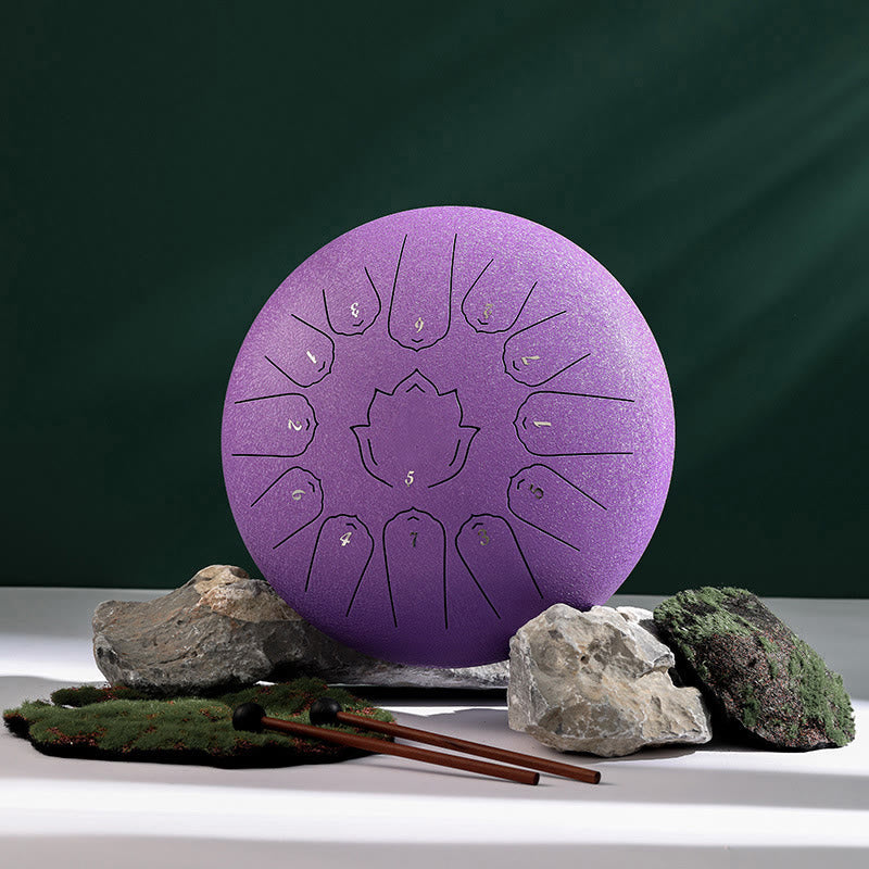 Buddha Stones Steel Tongue Drum Sound Healing Mindfulness Lotus Pattern Yoga Drum Kit 13 Note 12 Inch Percussion Instrument - Purple - image 5