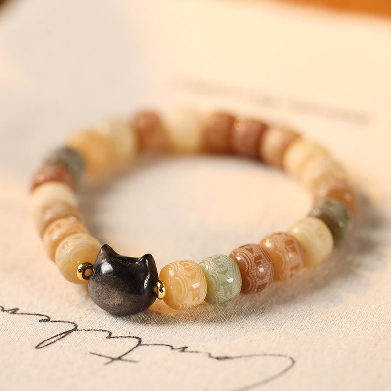 Buddha Stones Bodhi Seed Silver Sheen Obsidian Cat Head Om Mani Padme Hum Engraved Harmony Bracelet - Yellow Bodhi Seed(Wrist Circumference 14-16cm) - image 0