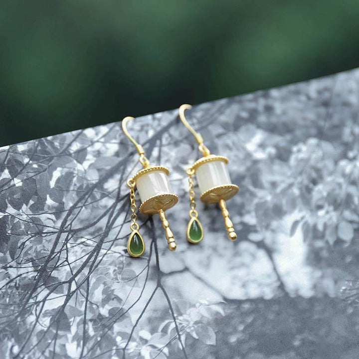 Buddha Stones 925 Sterling Silver Jade Prayer Wheel Luck Drop Earrings - image 5