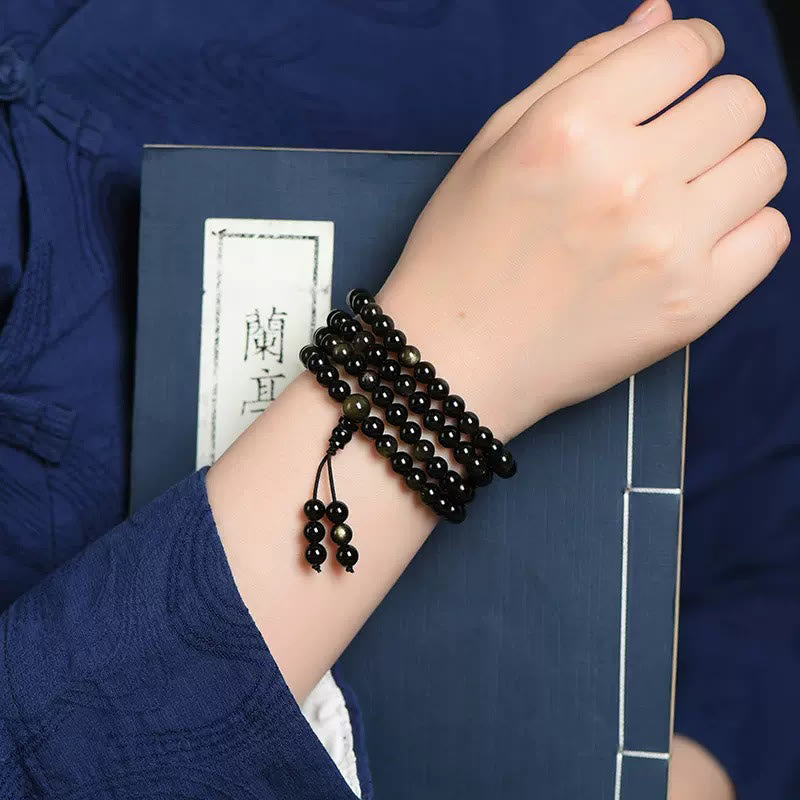 Buddha Stones 108 Mala Beads Natural Gold Sheen Obsidian Wealth Bracelet - image 4