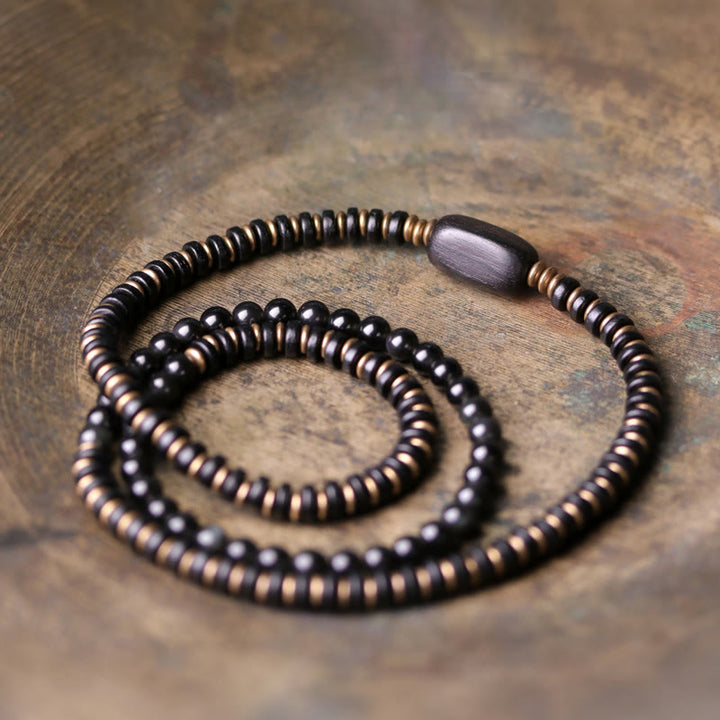 Buddha Stones Rainbow Obsidian Ebony Wood Copper Healing Triple Wrap Bracelet - Rainbow Obsidian&Ebony Wood - 18cm - image 10