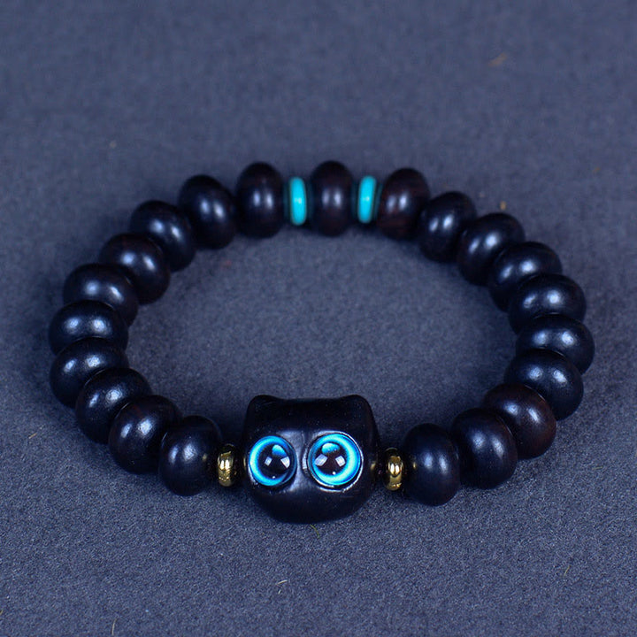 Buddha Stones Ebony Wood Liuli Glass Lovely Cat Peace Balance Bracelet - Ebony 7*10mm*21 Beads(Wrist Circumference 14-16cm) - image 0