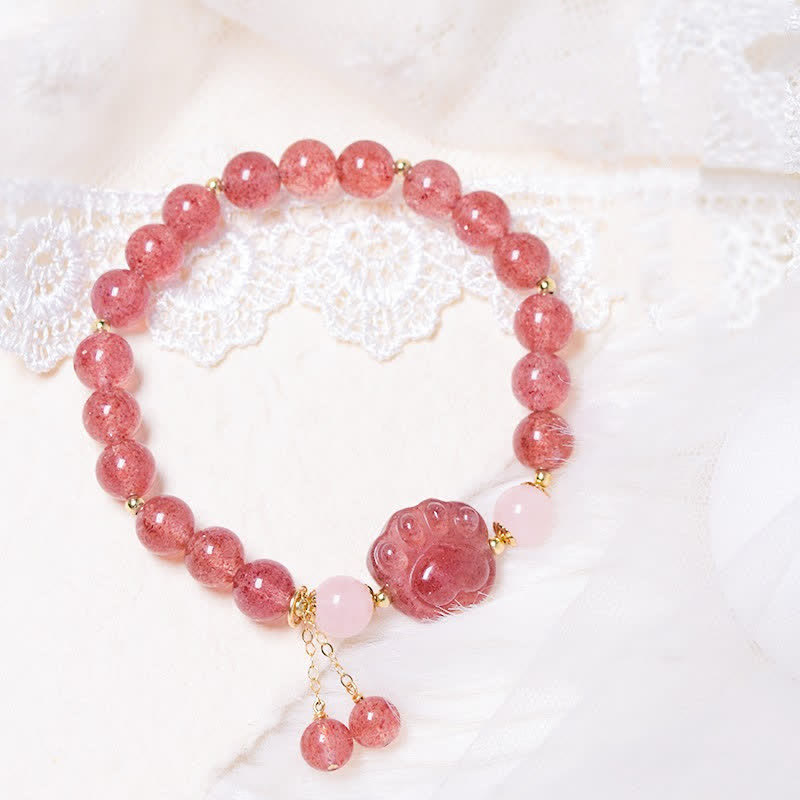 Buddha Stones Natural Strawberry Quartz Pink Crystal Lucky Cat Paw Love Bracelet - Strawberry Quartz - image 0