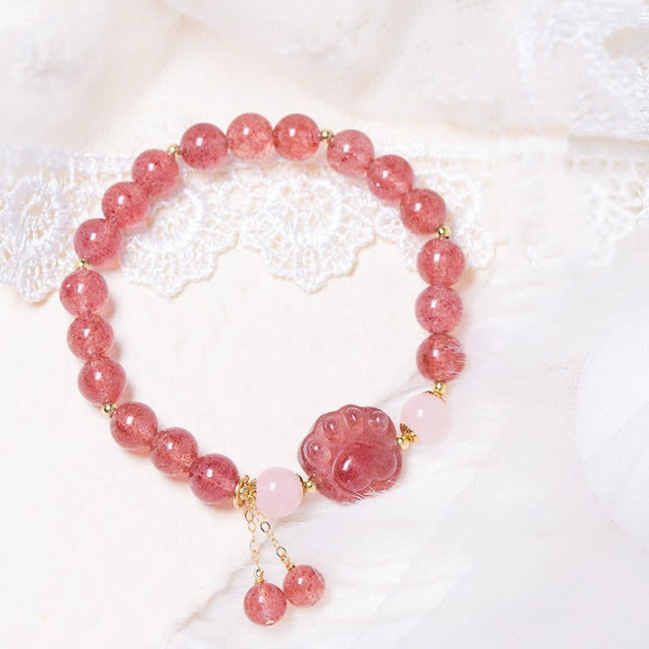 Buddha Stones Natural Strawberry Quartz Pink Crystal Lucky Cat Paw Love Bracelet - Strawberry Quartz - image 0