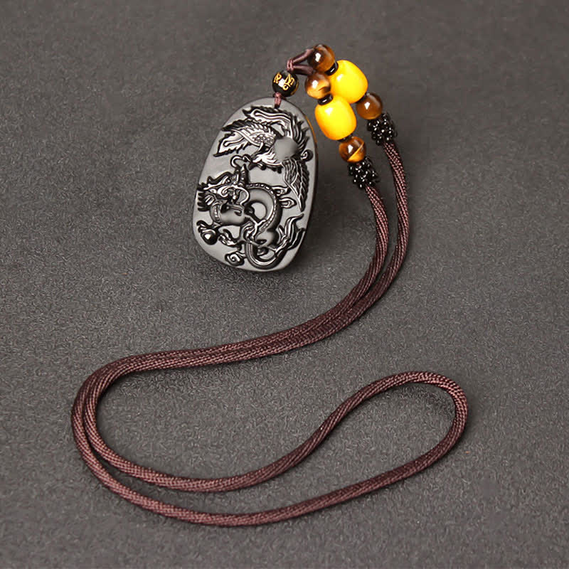 Buddha Stones Black Obsidian Tiger Eye Dragon Phoenix Protection Beaded Necklace Pendant - Obsidian&Tiger Eye Bead String - image 7