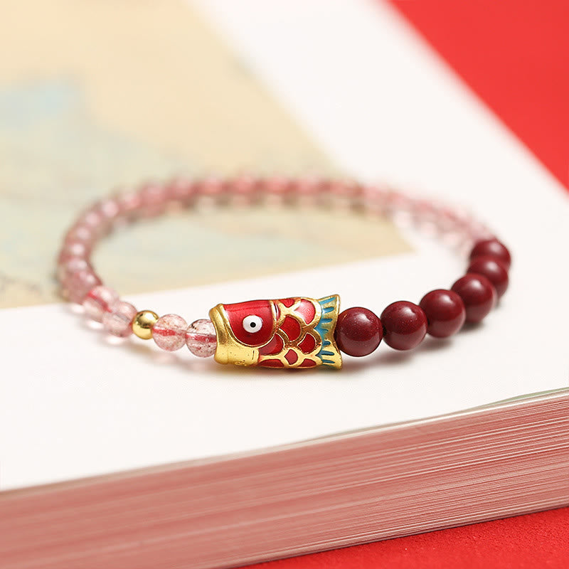 Buddha Stones Natural Strawberry Quartz Cinnabar Lucky Koi Fish Healing Bracelet - image 5