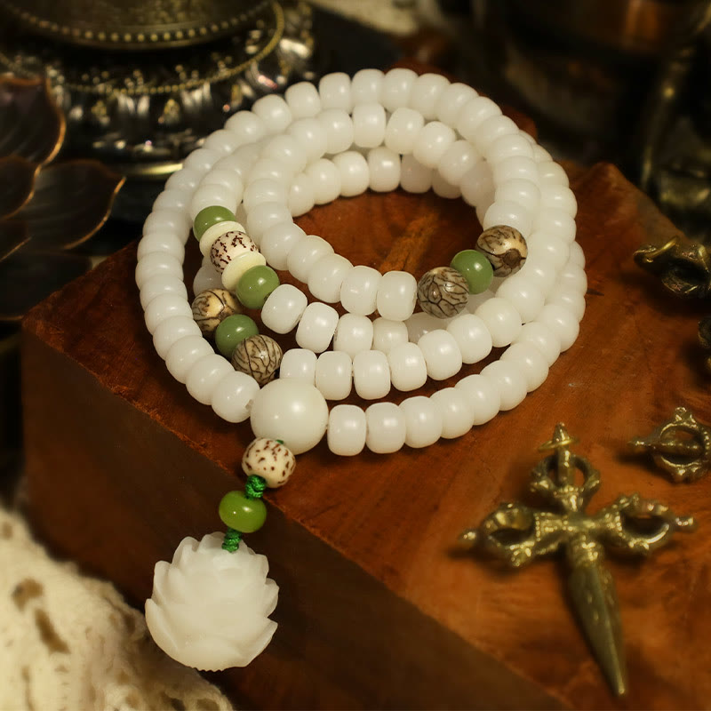Buddha Stones White Jade Bodhi Lotus Mala Harmony Necklace Bracelet - image 1