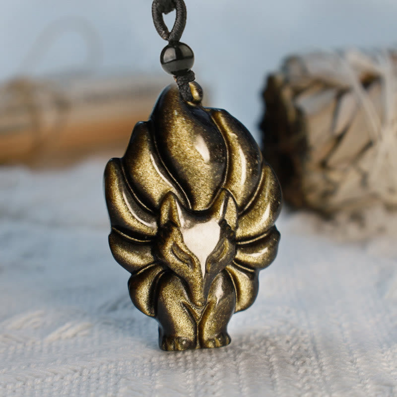 Buddha Stones Natural Fluorite Gold Sheen Obsidian Fox Pendant Protection Necklace - Gold Sheen Obsidian (Calm ♥ Wealth) - image 6