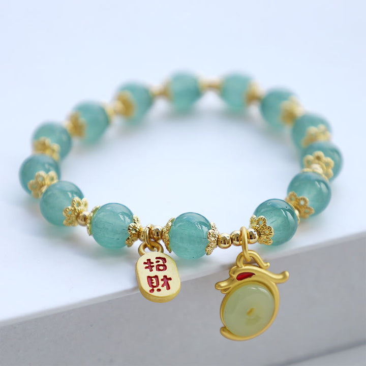 Buddha Stones Year of the Dragon Red Agate Green Aventurine Peace Buckle Fu Character Lucky Fortune Bracelet - Green Aventurine(Wrist Circumference 14-16cm) - image 0