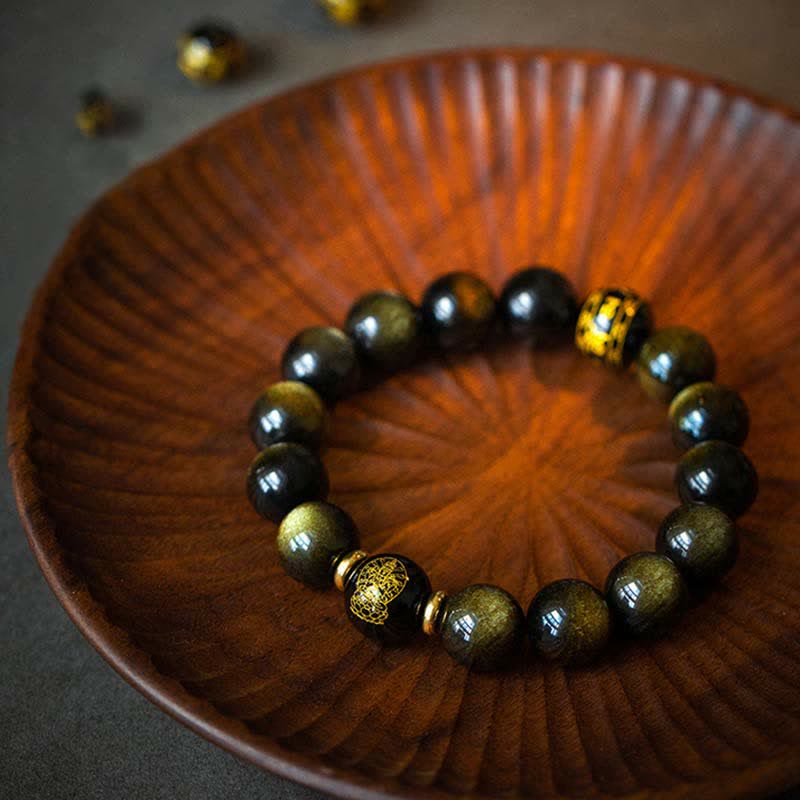 Buddha Stones Chinese Zodiac Natal Buddha Gold Sheen Obsidian Wealth Protection Bracelet - image 5