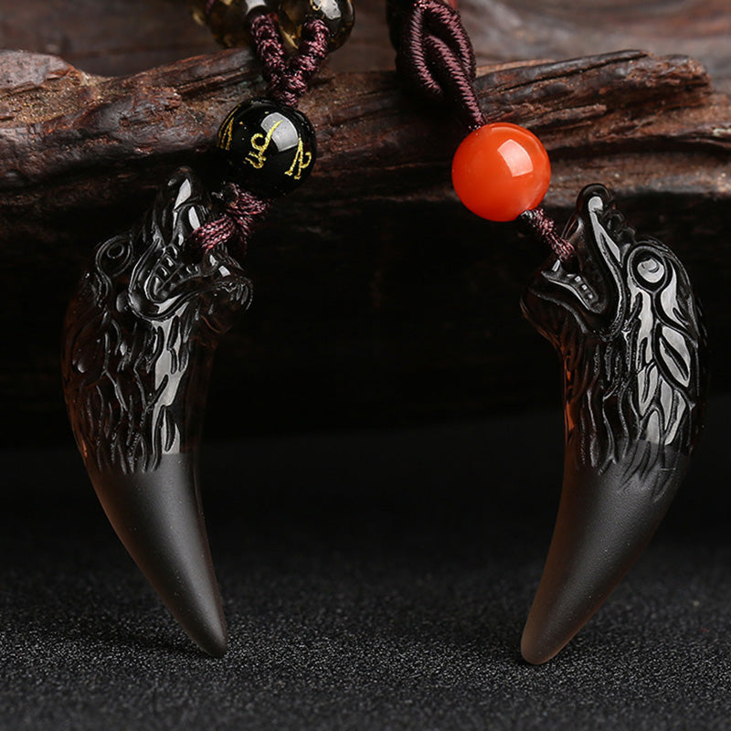 Buddha Stones Natural Ice Obsidian Wolf Tooth Pattern Courage Necklace Pendant - image 9
