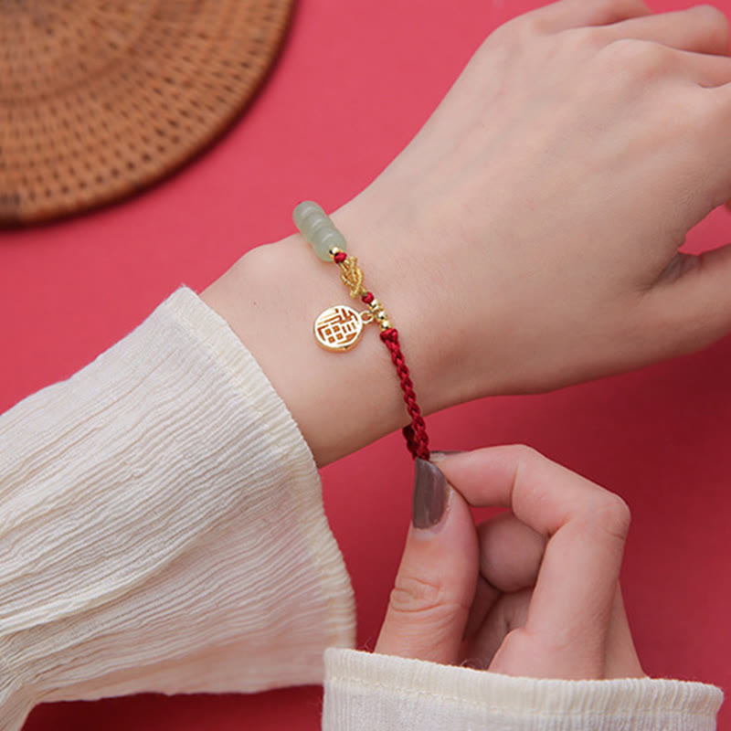 Buddha Stones Handcrafted Jade Bead Fu Character Charm Luck Red Rope Bracelet - image 14