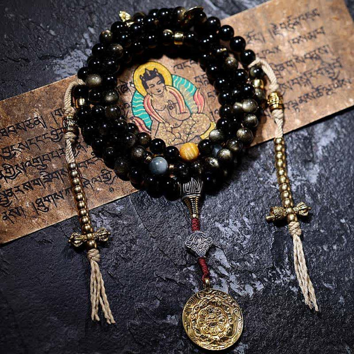 Buddha Stones 108 Mala Beads Gold Sheen Obsidian Tiger Eye Eagle's Eye Stone Wealth Bracelet - image 26