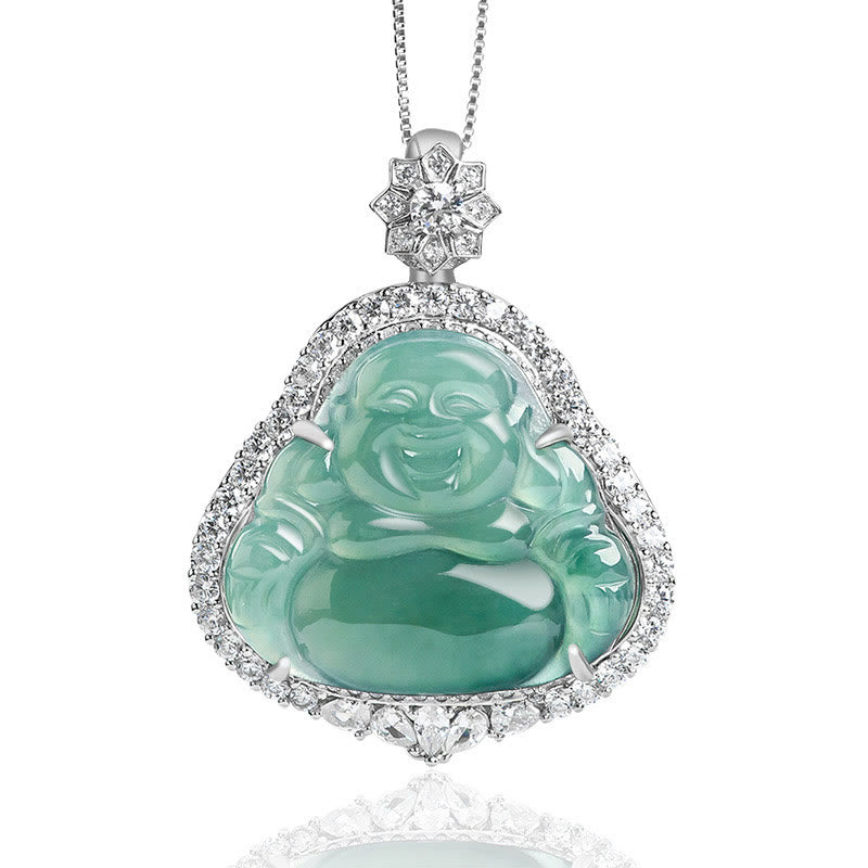 Buddha Stones Laughing Buddha Natural Jade Luck Abundance Titanium Steel Chain Necklace Pendant - Laughing Buddha(Happiness♥Wealth) - image 0