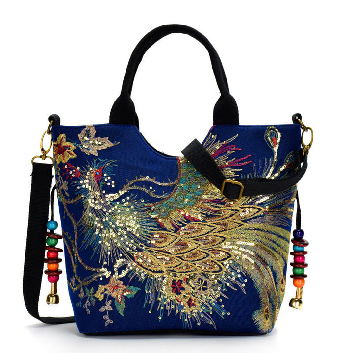 Buddha Stones Peacock Double-sided Embroidery Tote Bag Shoulder Bag Crossbody Bag - Dark Blue Peacock - Shoulder Bag/Tote Bag - image 0