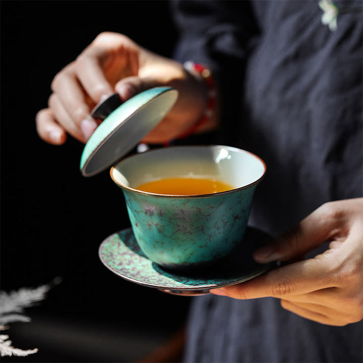 Buddha Stones Retro Green Glaze Ceramic Gaiwan Sancai Teacup Kung Fu Tea Cup And Saucer With Lid - image 1