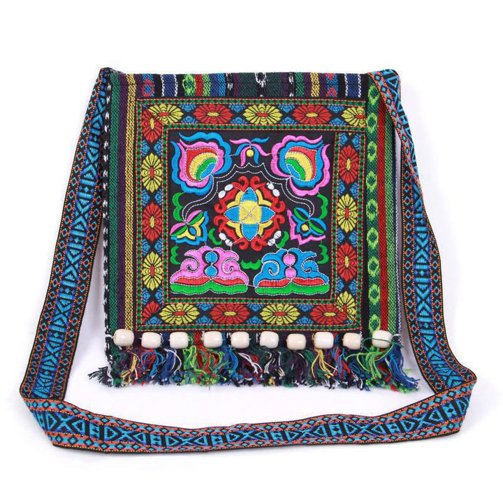 Buddha Stones Tibetan Handmade Embroidered Camellia Canvas Shoulder Bag Crossbody Bag - Blue Camellia - image 0