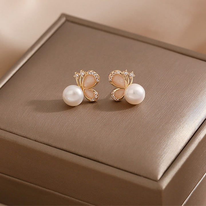 Buddha Stones 18k Gold Plated Pearl Butterfly Love Freedom Stud Earrings - image 4