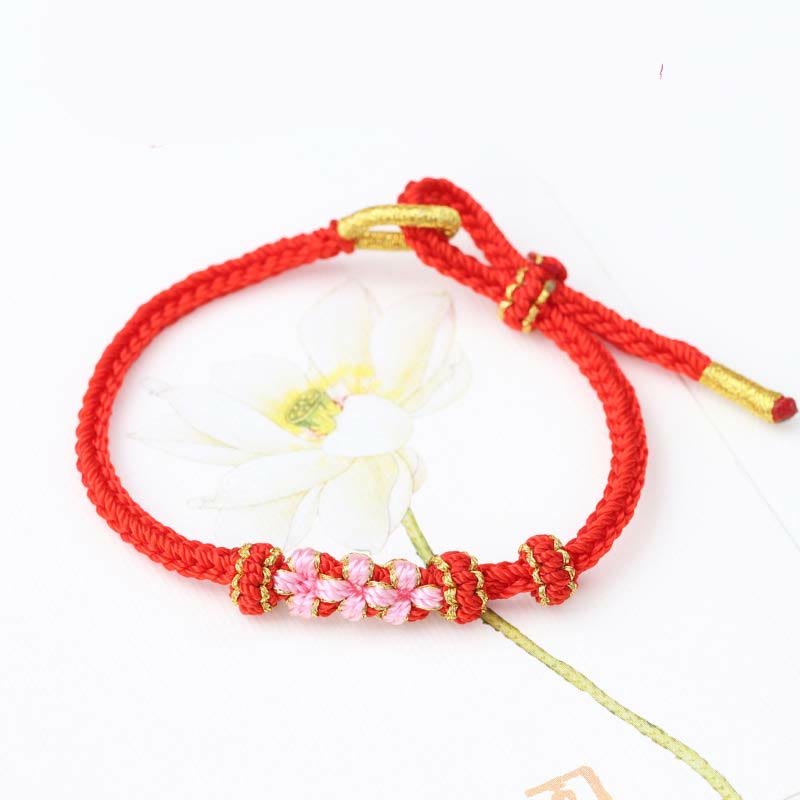 Buddha Stones Handmade Three Peach Blossoms Luck Eight Strands Braided String Bracelet - Red(Wrist Circumference 14-19cm) - image 1