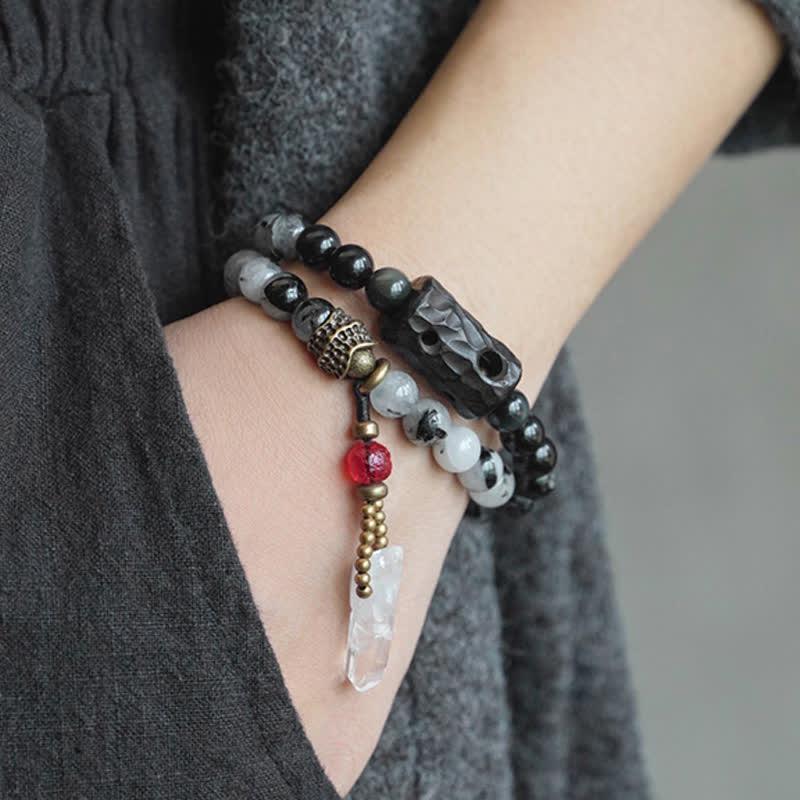 Buddha Stones Black Rutilated Quartz Ebony Wood White Crystal Success Couple Bracelet - image 1