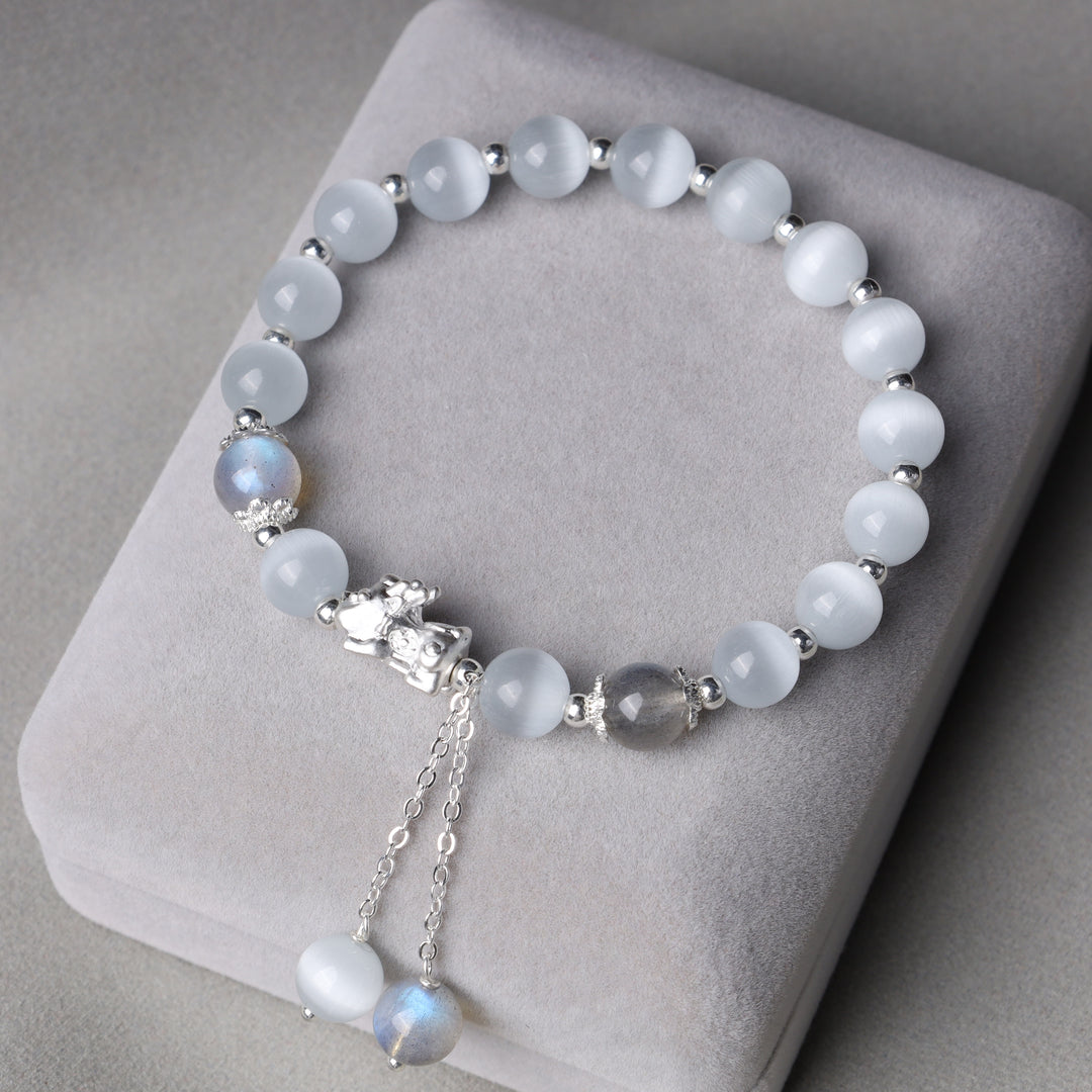 Buddha Stones Natural Cat's Eye Moonstone Strawberry Quartz PiXiu Support Bracelet - image 2