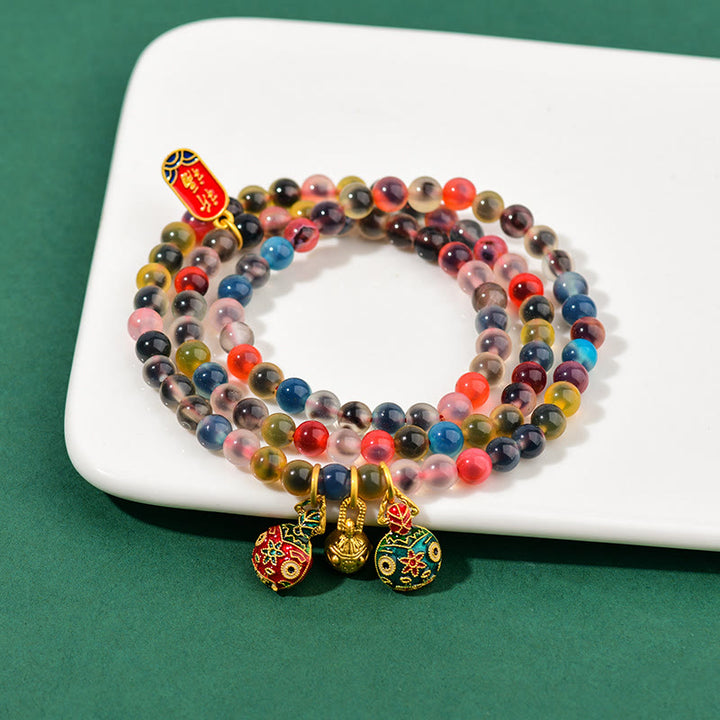 Buddha Stones Colorful Candy Agate Gold Swallowing Beast Family Strength Charm Triple Wrap Bracelet - image 3