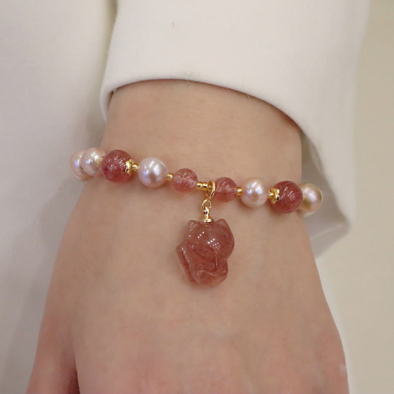 Buddha Stones Natural Pearl Strawberry Quartz Cute Fox Love Healing Charm Bracelet - image 10
