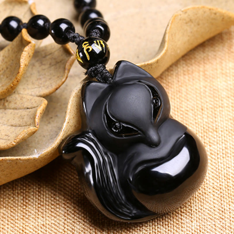Buddha Stones Natural Black Obsidian Tiger Eye Ice Obsidian Fox Pendant Amulet Necklace - image 3