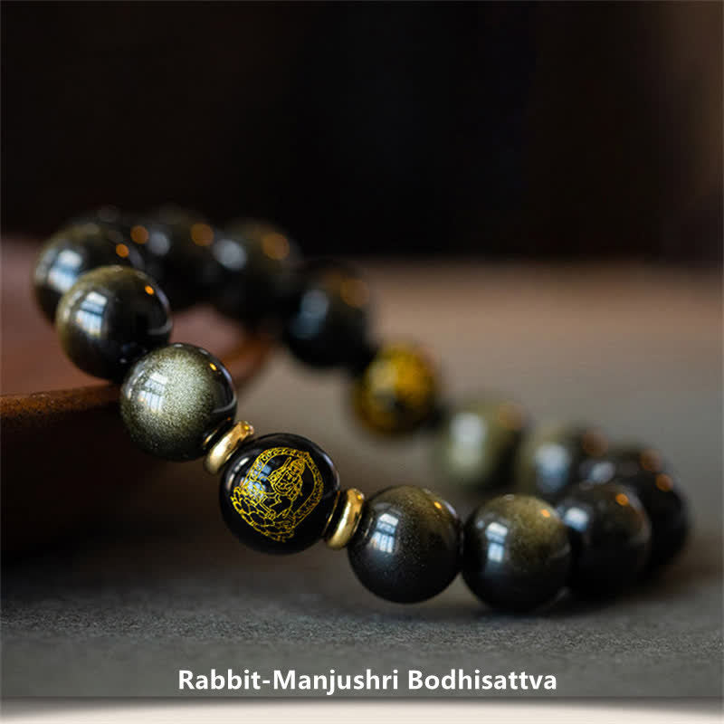 Buddha Stones Chinese Zodiac Natal Buddha Gold Sheen Obsidian Wealth Protection Bracelet - Rabbit-Manjushri Bodhisattva - image 7
