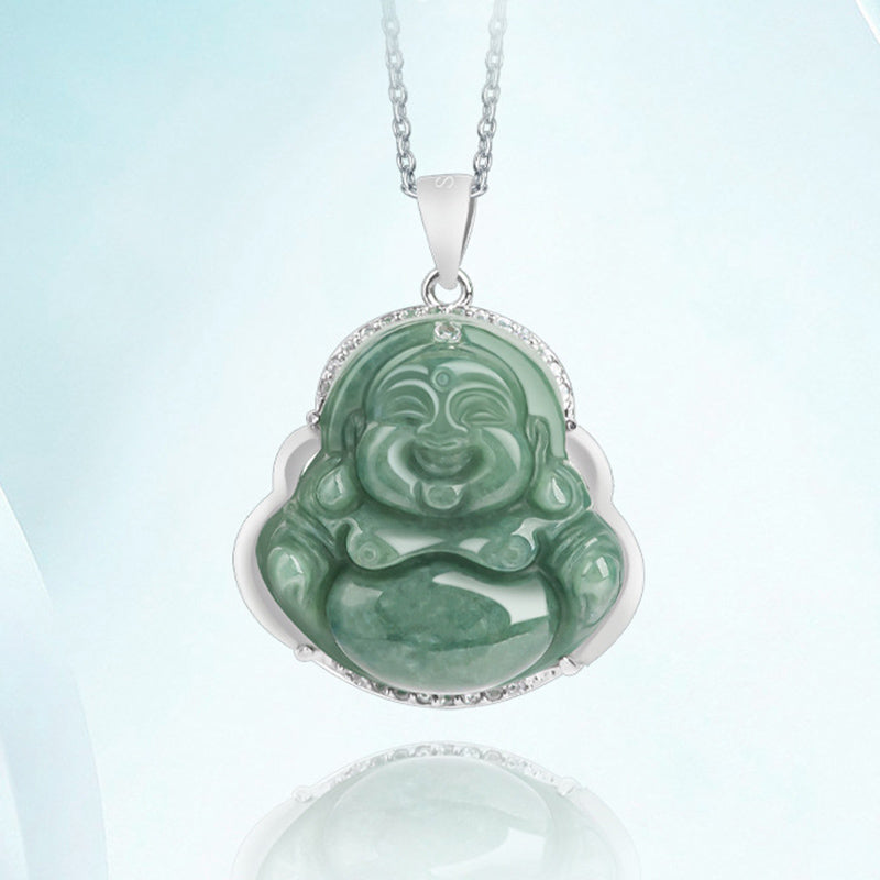 Buddha Stones Laughing Buddha Jade Abundance Necklace Titanium Steel Chain Pendant - image 4