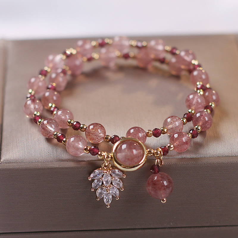 Buddha Stones Natural Strawberry Quartz Love Healing Maple Leaf Charm Double Wrap Bracelet - image 1