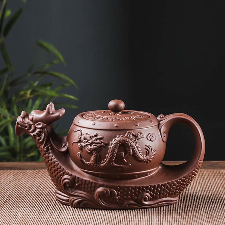 Buddha Stones Vintage Dragon Auspicious Clouds Purple Clay Ceramic Teapot - image 5