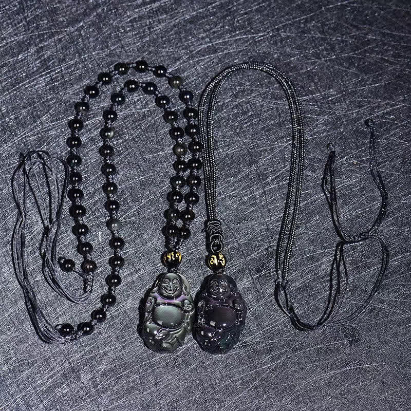 Natural Rainbow Obsidian Laughing Buddha Inner Peace Necklace Pendant - image 5