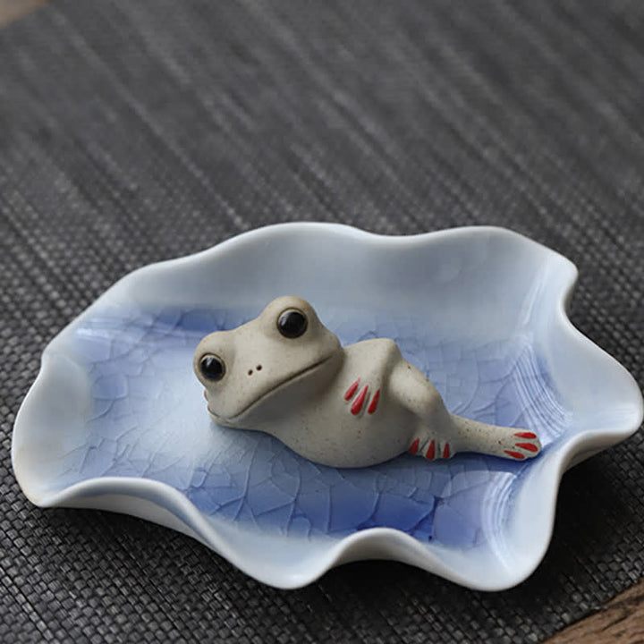 Buddha Stones Meditating Ceramic Small Frog Statue Decoration - Sleeping Frog(Lotus Tray Not included) - image 4