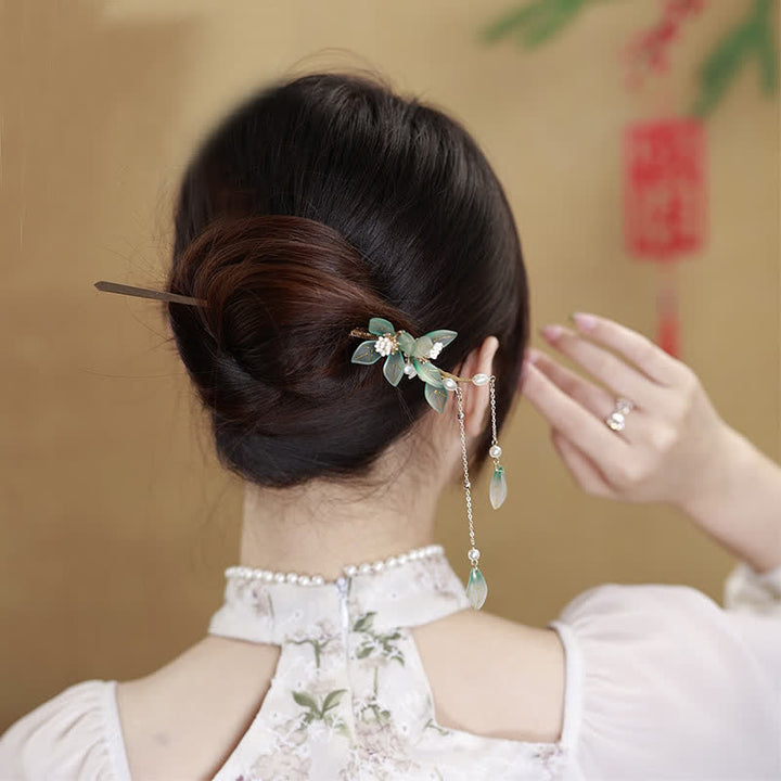Flower Leaf Pearl Peace Tassel Hairpin - image 2