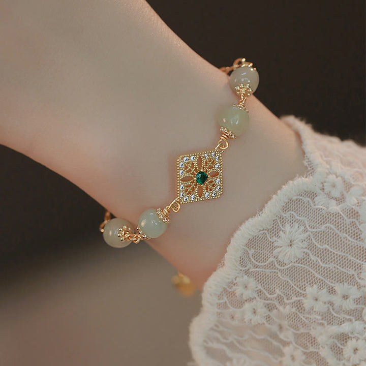 Buddha Stones Natural Hetian Jade Bead Square Pattern Luck Chain Bracelet - image 3