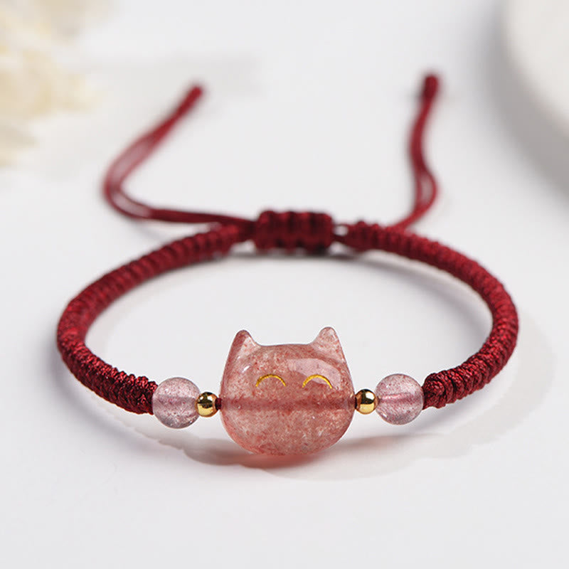Buddha Stones Handmade Natural Silver Sheen Obsidian Strawberry Quartz Cute Cat Protection Braided Bracelet - Strawberry Quartz(Love♥Healing) - Smiling Cat - image 7