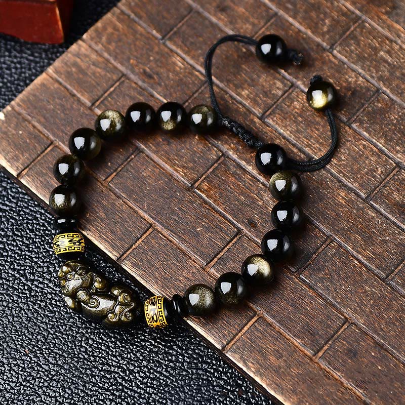 Buddha Stones Natural Gold Sheen Obsidian PiXiu Om Mani Padme Hum Wealth Braided Bracelet - 8mm - image 0