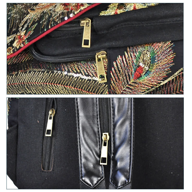 Buddha Stones Peacock Embroidery Canvas Tassel Backpack - image 7