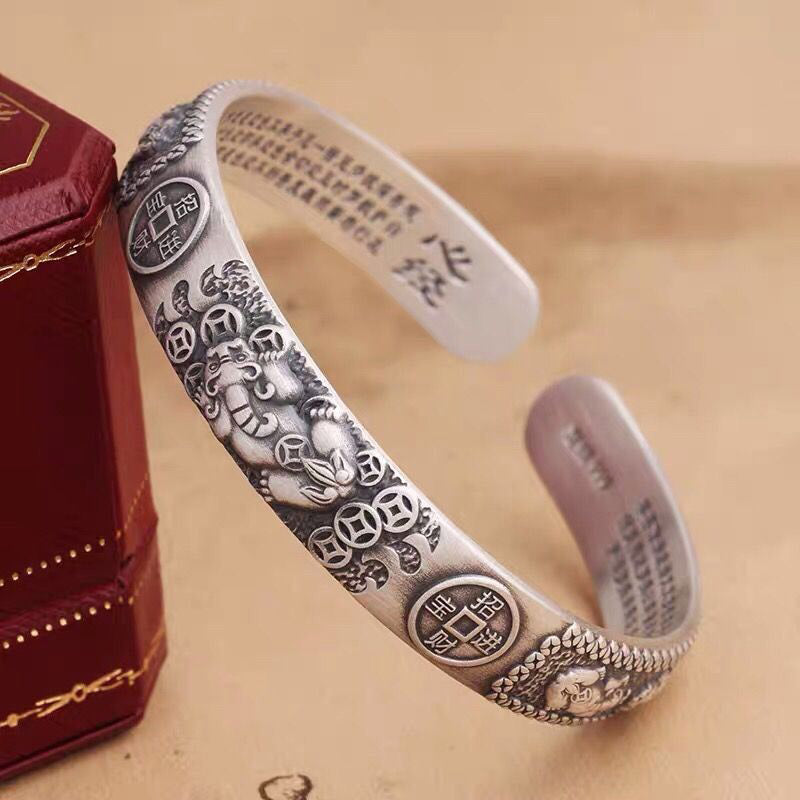 Buddha Stones Tibetan PiXiu Heart Sutra Coin White Copper Wealth Bracelet Adjustable Bangle - image 1