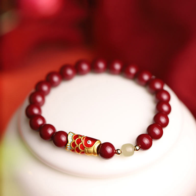 Buddha Stones Natural Cinnabar Lucky Koi Fish Hetian Jade Bead Blessing Bracelet - image 8