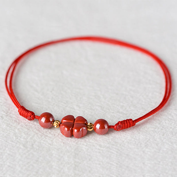 Buddha Stones Four Leaf Clover Cinnabar Blessing Calm String Bracelet Anklet - image 15