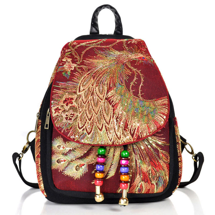 Buddha Stones Peacock Embroidery Canvas Tassel Backpack - Wine Red Peacock - image 19