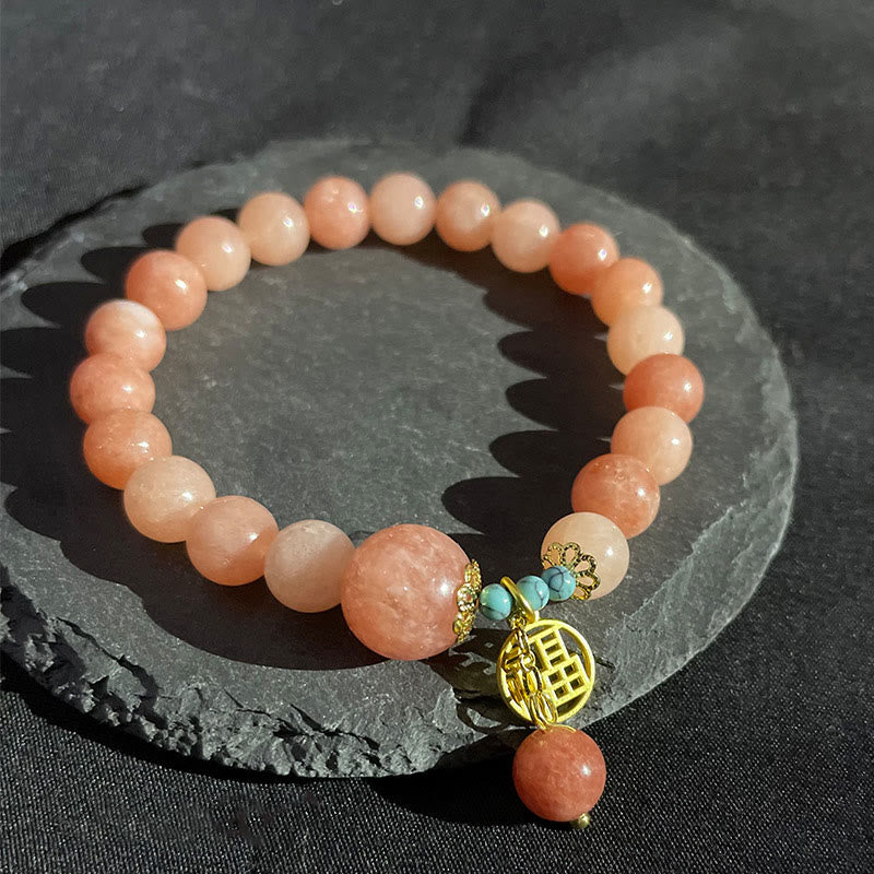 Buddha Stones Natural Orange Stone Turquoise Fu Character Charm Luck Fortune Bracelet - image 6