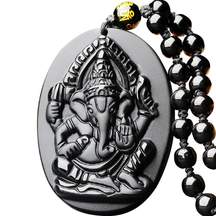 Buddha Stones Tibetan Obsidian Ganesh Ganpati Elephant Wealth Amulet Necklace - image 0