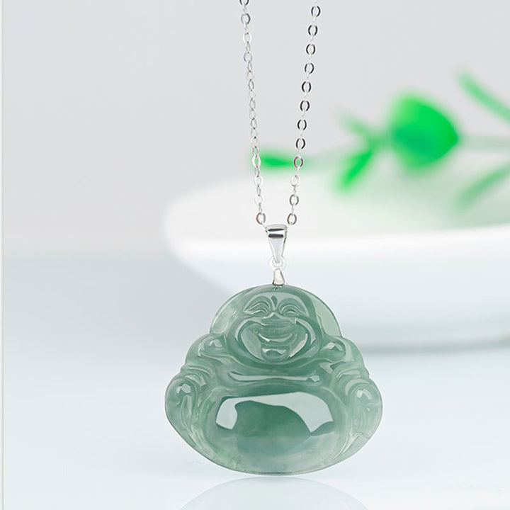 Buddha Stones Laughing Buddha Jade Protection Calm Titanium Steel Chain Necklace Pendant - image 4