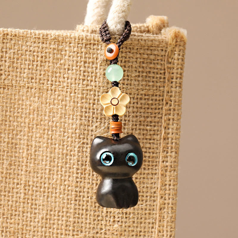 Buddha Stones Mini Small Leaf Red Sandalwood Ebony Wood Lucky Cat Lovely Kitty Peace Key Chain Phone Hanging Decoration - image 4