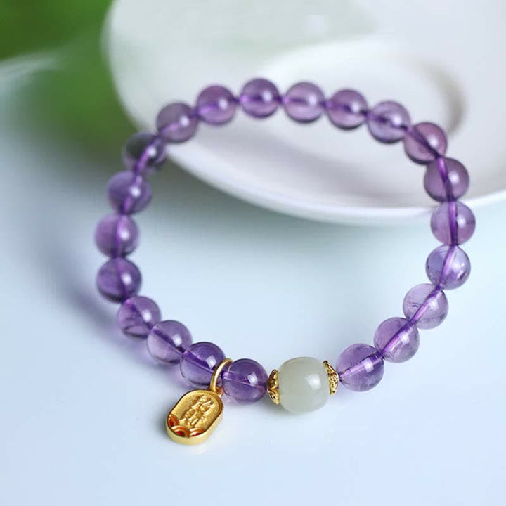 Buddha Stones Natural Amethyst Crystal Hetian Jade Healing Charm Bracelet - image 4