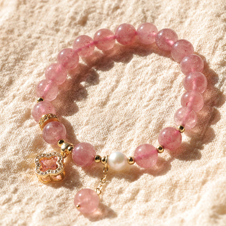 Buddha Stones Strawberry Quartz Pearl Four Leaf Clover Charm Healing Bracelet - image 10