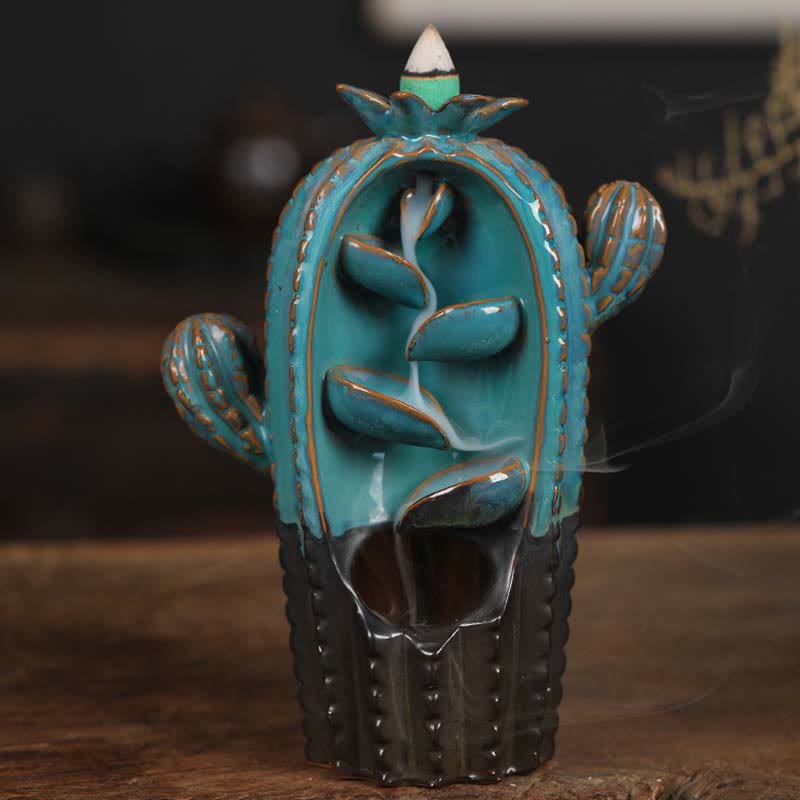 Buddha Stones Cactus Ceramic Healing Backflow Smoke Fountain Incense Burner - Cactus-Blue 12.5*6.5*17cm - image 0